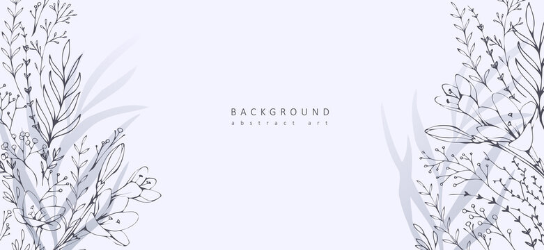 Luxury botanical background with trendy wildflowers and minimalist flowers for wall decoration or wedding. Hand drawn line herb, elegant leaves for invitation save the date card. Botanical rustic