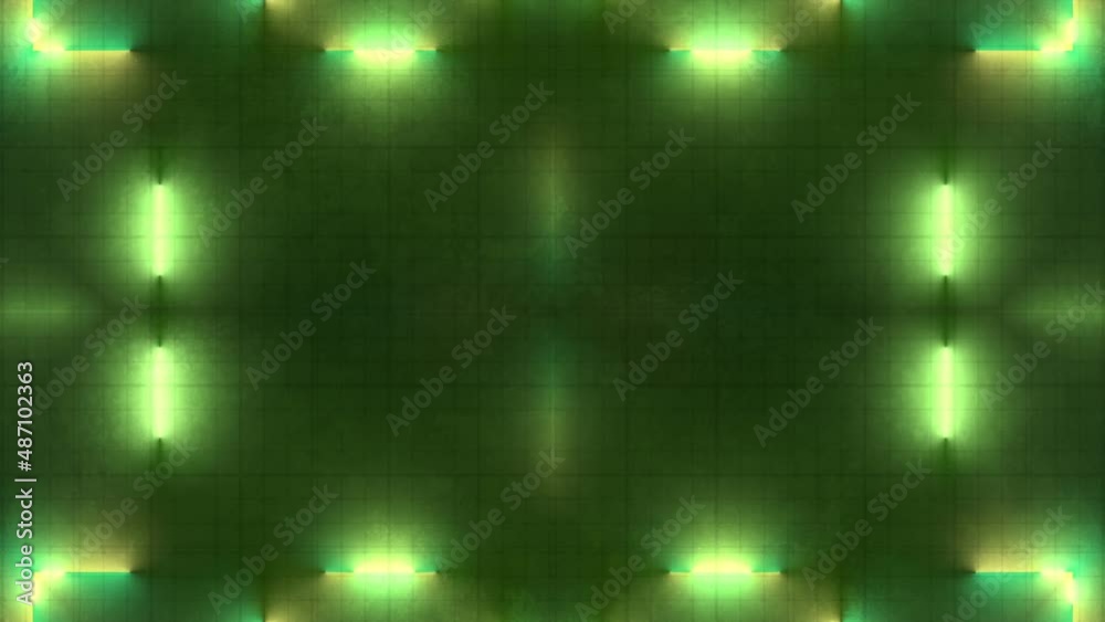 Poster Movement of fluorescent lamps kaleidoscopic pattern. 3d rendering loop animation