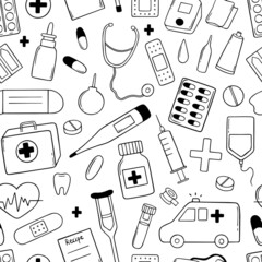 Seamless pattern of medicine doodle. Medicine equipment, drugs, pills, pharmacy in sketch style.  Hand drawn vector illustration.
