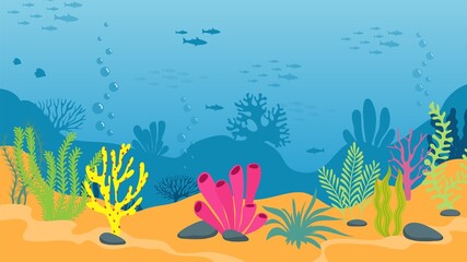 Underwater background with seaweed and fish silhouettes. Marine life, ocean, sea or river world. Cartoon algae plants vector illustration