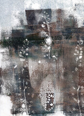 Abstract winter urban landscape, monoprint with textured grungy paint with wildflowers