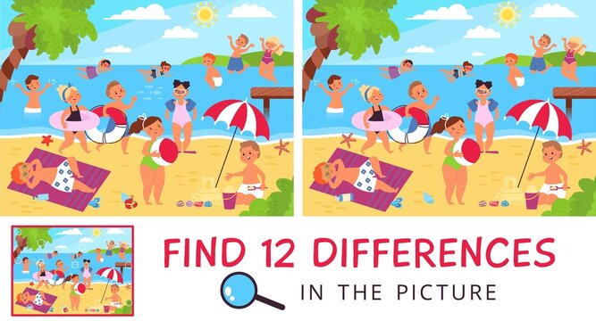 Find difference. 12 differences in picture with happy kids on beach. Paper game location for attention training, summer children puzzle, decent vector scene