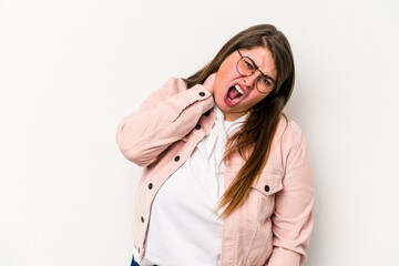 Young caucasian overweight woman isolated on white background suffering neck pain due to sedentary lifestyle.
