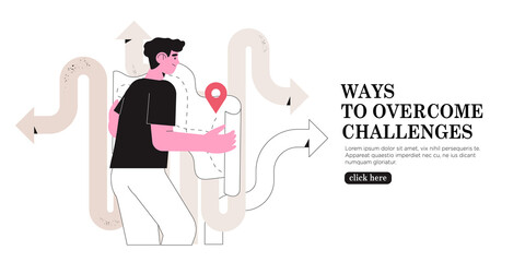Man read map and choose which way to go or direction to take. Concept of challenge, right decision making, life and career crossroads, effective business solution. Male character with gps pin. - obrazy, fototapety, plakaty