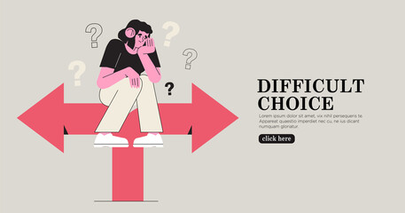 Business decision making, career path, work direction or choose the right way to success concept, confusing woman or student looking at crossroad sign with question mark and think which way to go.