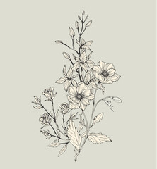 Trendy floral branch and minimalist flowers for logo or decorations. Hand drawn line wedding herb, elegant leaves for invitation save the date card. Botanical rustic trendy greenery