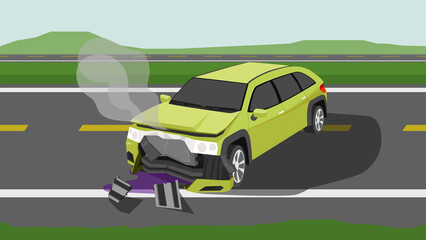 Cartoon accident of a passenger car. Bonnet was opened and the front was severely damaged. With smoke coming out from engine the front. There was oil spilling out below. On highway made from asphalt.