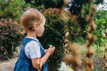 Little girl walks in the garden among beautiful evergreen southern plants