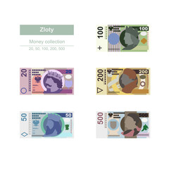 Polish Zloty Vector Illustration. Poland money set bundle banknotes. Paper money 20, 50, 100, 200, 500 PLN. Flat style. Isolated on white background. Simple minimal design. - obrazy, fototapety, plakaty