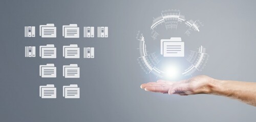 Document Management System concept. Hand hold file icon Virtual screen automation software