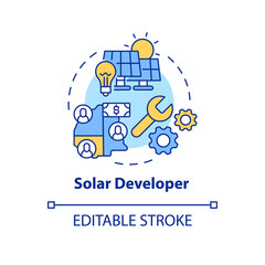 Fototapeta na wymiar Solar developer concept icon. Renewable energy system. Power purchase agreements abstract idea thin line illustration. Isolated outline drawing. Editable stroke. Arial, Myriad Pro-Bold fonts used