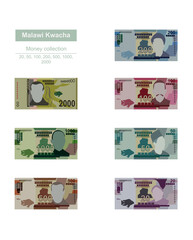Malawi Kwacha Vector Illustration. Malawian money set bundle banknotes. Paper money 20, 50, 100, 200, 500, 1000, 2000 MWK. Flat style. Isolated on white background. Simple minimal design.