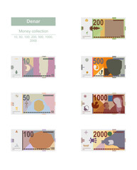 Macedonian Denar Vector Illustration. North Macedonia money set bundle banknotes. Paper money 10, 50, 100, 200, 500, 1000, 2000 MKD. Flat style. Isolated on white background. Simple minimal design.