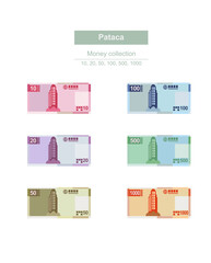 Macau Pataca Vector Illustration. Chinese money set bundle banknotes. Paper money 10, 20, 50, 100, 500, 1000 MOP. Flat style. Isolated on white background. Simple minimal design.
