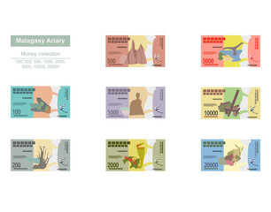 Malagasy Ariary Vector Illustration. Madagascar money set bundle banknotes. Paper money 100, 200, 500, 1000, 2000, 5000, 10000, 20000 MGA. Flat style. Isolated on white background.