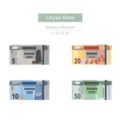 Libyan Dinar Vector Illustration. Libya money set bundle banknotes. Paper money 5, 10, 20, 50 LYD. Flat style. Isolated on white background. Simple minimal design.