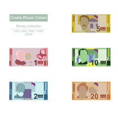 Costa Rican Colon Vector Illustration. Costa Rica money set bundle banknotes. Paper money 1000, 2000, 5000, 10000, 20000 CRC. Flat style. Isolated on white background. Simple minimal design.