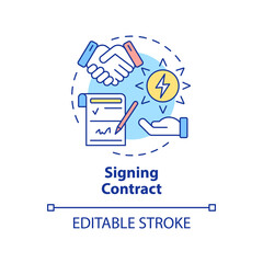 Signing contract concept icon. Business deal. Power purchase agreement work abstract idea thin line illustration. Isolated outline drawing. Editable stroke. Arial, Myriad Pro-Bold fonts used