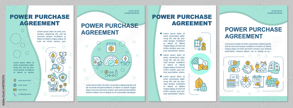 Wall mural Power purchase agreement mint brochure template. Energy service. Leaflet design with linear icons. 4 vector layouts for presentation, annual reports. Arial, Myriad Pro-Regular fonts used