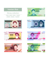 Iranian Rial Vector Illustration. Iran, Afghanistan, Hajj, Syria money set bundle banknotes. Paper money 1000, 2000, 5000, 10000, 20000, 50000, 100000 IRR. Flat style. Isolated on white background.