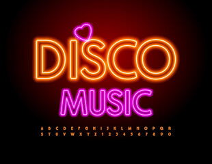 Vector bright Banner Disco Music. Modern Neon Font. Glowing Alphabet Letters and Numbers