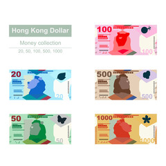 Hong Kong Dollar Vector Illustration. Hong Kong, Macau money set bundle banknotes. Paper money 20, 50, 100, 500, 1000 HKD. Flat style. Isolated on white background. Simple minimal design.