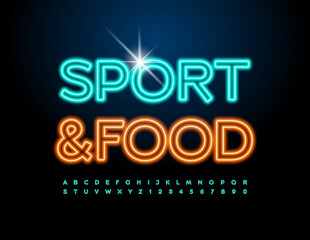 Vector colorful Sign Sports and Food. Glowing Bright Font. Neon set of Alphabet Letters and 