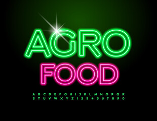 Vector neon logotype Agro Food. Green light Font. Electric modern Alphabet Letters and Numbers set