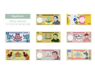 Bhutanese Ngultrum Vector Illustration. Bhutan money set bundle banknotes. Paper money 1, 5, 10, 20, 50, 100, 500, 1000 BTN. Flat style. Isolated on white background. Simple minimal design.
