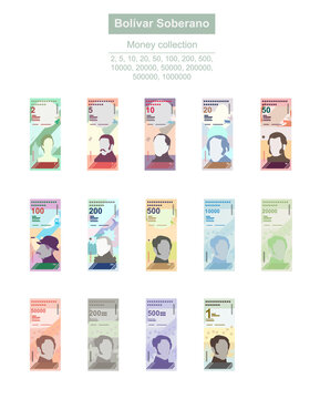 Bolivar Soberano Vector Illustration. Venezuela money set bundle banknotes. Paper money 2, 5, 10, 20, 50, 100, 200, 500, 10000, 20000, 50000, 200000, 500000, 1000000 VES. Isolated on white background.