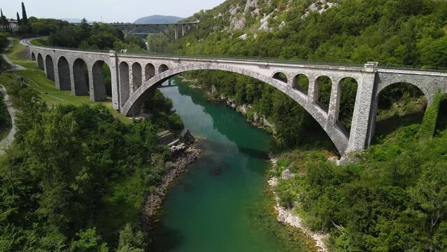 Solkan Rail Bridge over river SOca in Slovenia. Drone View