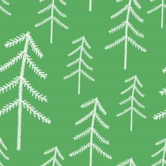 Seamless pattern with simple hand drawn elements. Spruce trees in the forest in doodle style on a green background. For textile, wallpaper and wrapping paper design.