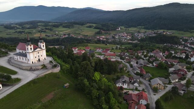 Zuzemberk landmarks with castle and hill top church, Slovenia travel and landscape. Drone View.
