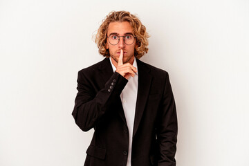 Young caucasian business man isolated on white background keeping a secret or asking for silence.