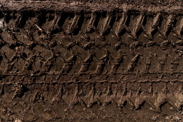 Tyre track on dirt sand or mud, Picture in retro or grunge tone. Car drive on sand. off road track. Track on grass field. Track in farm.