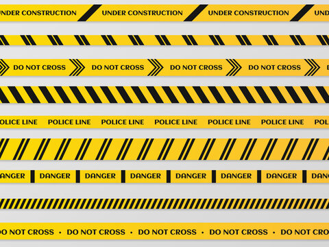 Black and yellow stripes vector police tape. Set of danger caution seamless tapes. Art design line of crime places.