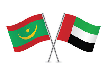 Mauritania and the United Arab Emirates crossed flags. Mauritanian and UAE flags isolated on white background. Vector icon set. Vector illustration.