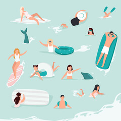 Sea swimming. Active people diving, swim with dolphins and surfing. Men and women swimming, diving, surfing, lying on floating air mattress and sunbathing, playing with ball.