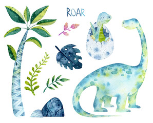 Watercolor cute baby dinosaurs illustration. Diplodocus, baby dino isolated. Tropical leaves, palm tree, volcano, dino eggs, jurassic hand drawn clipart. Cute animal illustration for kids.