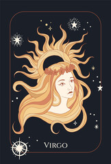 female portrait on cosmic background in yellow tones, virgo zodiac sign