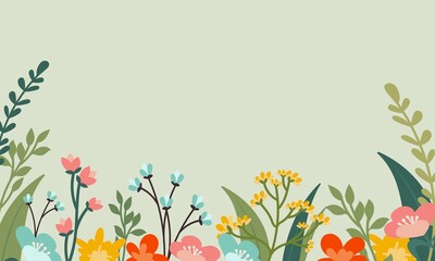 Beautiful vector background for text. Fashionable and colorful style of summer flower fields, petals, twigs, flowers on a delicate green background. Design for banner, cover, postcard, poster - obrazy, fototapety, plakaty