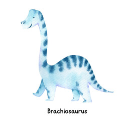 Watercolor cute baby dinosaurs illustration. Brachiosaurus, baby dino isolated. Jurassic prehistoric hand drawn clipart. Cute animal illustration for kids