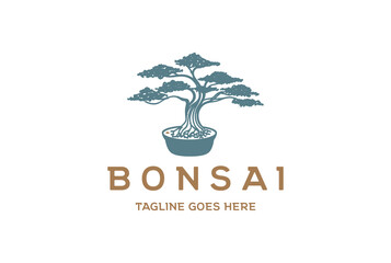 Oriental Japanese Bonsai Mini Small Plant Tree on Pot Silhouette Logo Design Vector
