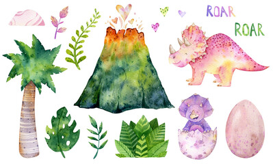Watercolor cute baby dinosaurs illustration. Triceratops, baby dino isolated. Volcano, palm tree, dino eggs, jurassic prehistoric hand drawn clipart. Watercolor cute animal illustration for kids. © NastiaVik
