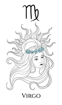 Zodiac Illustration - Virgo, Female Portrait, Black And White