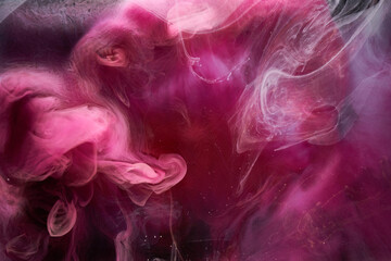 Pink smoke on black ink background, colorful fog, abstract swirling touch ocean sea, acrylic paint...