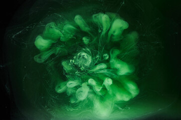 Green smoke on black ink background, colorful fog, abstract swirling emerald ocean sea, acrylic paint pigment underwater