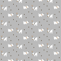 Cute dogs in love pattern for kids apparel,fabric, textile, nursery decoration,wrapping paper. Gray baby background with puppies.