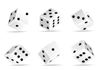 Set of isometric dice combination. White and black poker cubes. White cubes with dots. Falling poker die for random choice in craps. Dice vector set