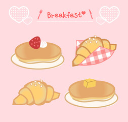Breakfast vector coffee and fried eggs with sweet dessert in the morning illustration set of muffins and croissants during coffee break isolated on pink background